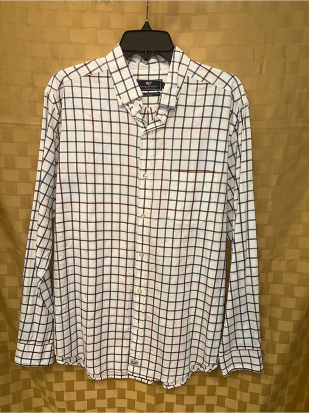 Vineyard Vines White Button-Down Shirt with Navy and Burgundy Windowpane Check